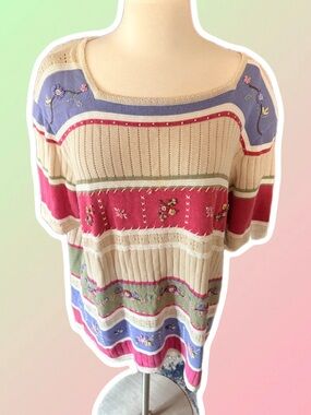 Vintage 90s Alfred Dunner Scoop Neck Sweater w/ Multi Stripes / Floral Detail